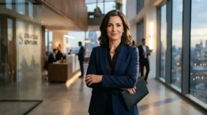 imagem de uma mulher executiva bonita e elegantemente vestida com blazer e blusa preta, segurando uma pasta na mão direita e com os braços cruzados, sorrindo. Ao fundo, uma elegante recepção de um edifício de negócios.