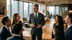 foto de um executivo elegantemente vestido com terno completo, sendo ouvido por executivas e outros executivos. Ao fundo imagem de uma ampla e elegante sala de escritório.