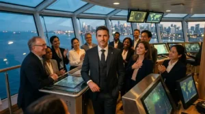 imagem de um bonito e elegante homem vestindo terno completo, cercado por homens e mulheres executivos olhando para ele com admira&ccedil;&atilde;o. Ao fundo v&ecirc;-se que est&atilde;o na parte interna de uma grande navega&ccedil;&atilde;o