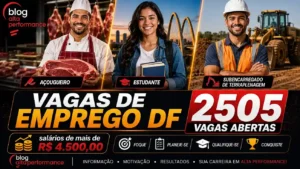 uma arte, no formato de 16:9 de 1 a&ccedil;ougueiro, 1 estudante, 1 subencarregado de terraplenagem. TODOS MUITO lindos. Com os dizeres VAGAS DE EMPREGO DF - 2505 VAGAS ABERTAS sal&aacute;rios de mais de R$ 4.500,00. FOQUE - PLANEJE-SE - QUALIFIQUE-SE- CONQUISTE. BLOG ALTA PERFORMANCE