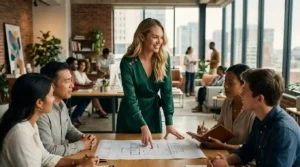 imagem de uma linda mulher loira, vestindo um elegante vestido verde, em p&eacute; sorrindo, enquanto aponta para uma folha em cima da mesa, onde est&atilde;o 2 homens e 2 mulheres sentadas. Ao fundo, pode ser ver no amplo sal&atilde;o corporativo outra mesa onde 3 pessoas est&atilde;o reunidas e ao fundo da sala, em frente a uma ampla janela um casal conversa.