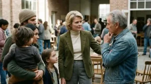 imagem de uma mulher loira, vestindo blazer de veludo verde, blusa de gola marfim e cal&ccedil;a cinza conversando com um senhor de cabelos brancos, vestindo blusa jeans, acompanhao por um casal com 2 crian&ccedil;as. Ao fundo, uma rua com edifica&ccedil;&otilde;es e v&aacute;rias pessoas conversando entre si.