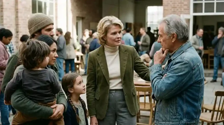 imagem de uma mulher loira, vestindo blazer de veludo verde, blusa de gola marfim e cal&ccedil;a cinza conversando com um senhor de cabelos brancos, vestindo blusa jeans, acompanhao por um casal com 2 crian&ccedil;as. Ao fundo, uma rua com edifica&ccedil;&otilde;es e v&aacute;rias pessoas conversando entre si.