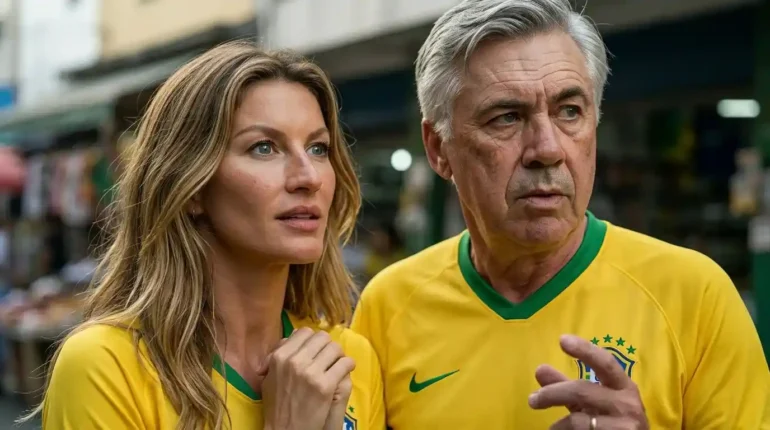 lei-da-intuicao-bundchein-ancelotti-imagem.webp imagem da gisele buindchein ao lado do técnico Ancelotti olhando a frente com olhar concentrado de torcedora.