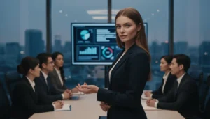 imagem de uma linda mo&ccedil;a com cabelos castanhos soltos, vestindo blazer azul marinho e blusa bage olhando para a c&acirc;mera. Atr&aacute;s dela 5 pessoas sentadas em uma mesa de reuni&atilde;o, e uma tela de tv posicionada na cabeceira da mesa.