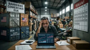 imagem de um empres&aacute;rio sentado, com a m&atilde;o direita apoiada na cabe&ccedil;a com os olhos baixos olhando para a mesa, a frente o notebook com a estat&iacute;stica do neg&oacute;cio. Ao fundo, cargas de mercadorias empilhadas, e os trabalhadores parados.
