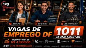 arte, no formato de 16:9 de 1 estudante, 1 concursista, 1 mecânico de câmbio. TODOS MUITO lindos. Com os dizeres VAGAS DE EMPREGO DF - 1011 VAGAS ABERTAS salários de mais de R$ 4.500,00. FOQUE - PLANEJE-SE - QUALIFIQUE-SE- CONQUISTE. BLOG ALTA PERFORMANCE