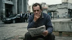 imagem de um homem desanimado sentado em uma praça lendo um jornal com denúncias de corrupção, atrás dele políticos em um carro oficial.
