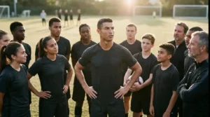 imagem do Cristiano Ronaldo cercado por v&aacute;rios meninos e meninas. Todos est&atilde;o vestindo camisetas pretas. Ao fundo um campo de futebol de grama.