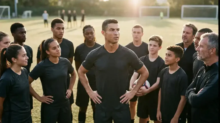 imagem do Cristiano Ronaldo cercado por v&aacute;rios meninos e meninas. Todos est&atilde;o vestindo camisetas pretas. Ao fundo um campo de futebol de grama.