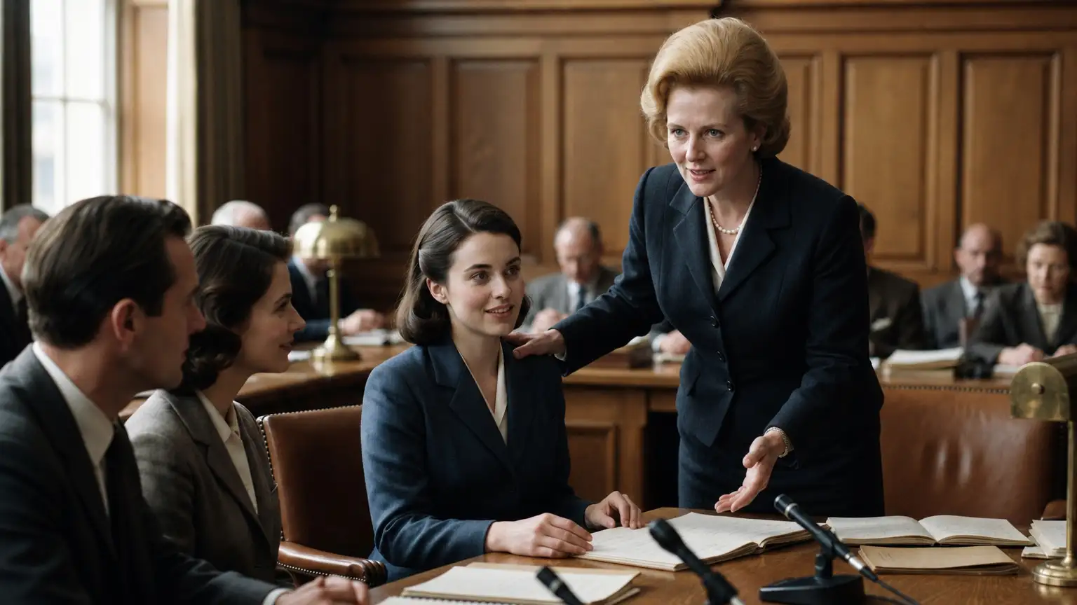 imagem da primeira ministra Margareth Thatcher em um escrit&oacute;rio profissional cl&aacute;ssico, em p&eacute;, vestindo tayer completo azul marinho colocando am&atilde;o no ombro de uma jovem executiva que est&aacute; com outros sentada a mesa de reuni&atilde;o. Ao fundo, v&aacute;rias pessoas trabalhando.
