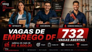 arte, no formato de 16:9 de 1 estudante, 1 concursista, 1 BOMBEIRO HIDR&Aacute;ULICO. TODOS MUITO lindos. Com os dizeres VAGAS DE EMPREGO DF - 732 VAGAS ABERTAS sal&aacute;rios de mais de R$ 4.500,00. FOQUE - PLANEJE-SE - QUALIFIQUE-SE- CONQUISTE. BLOG ALTA PERFORMANCE