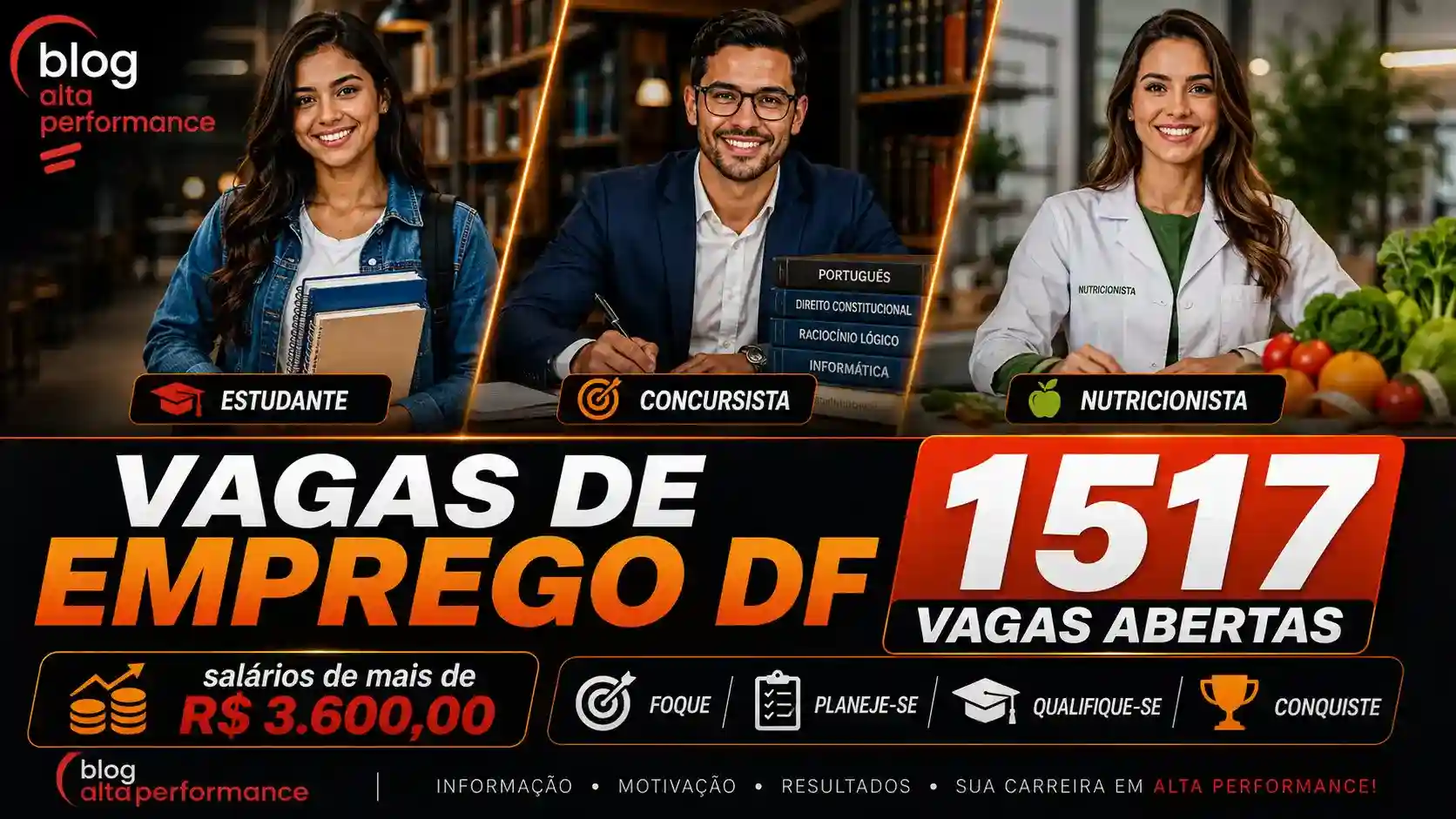 arte, no formato de 16:9 de 1 estudante, 1 concursista, 1 NUTRICIONISTA. TODOS MUITO lindos. Com os dizeres VAGAS DE EMPREGO DF - 1517 VAGAS ABERTAS salários de mais de R$ 3.600,00. FOQUE - PLANEJE-SE - QUALIFIQUE-SE- CONQUISTE. BLOG ALTA PERFORMANCE