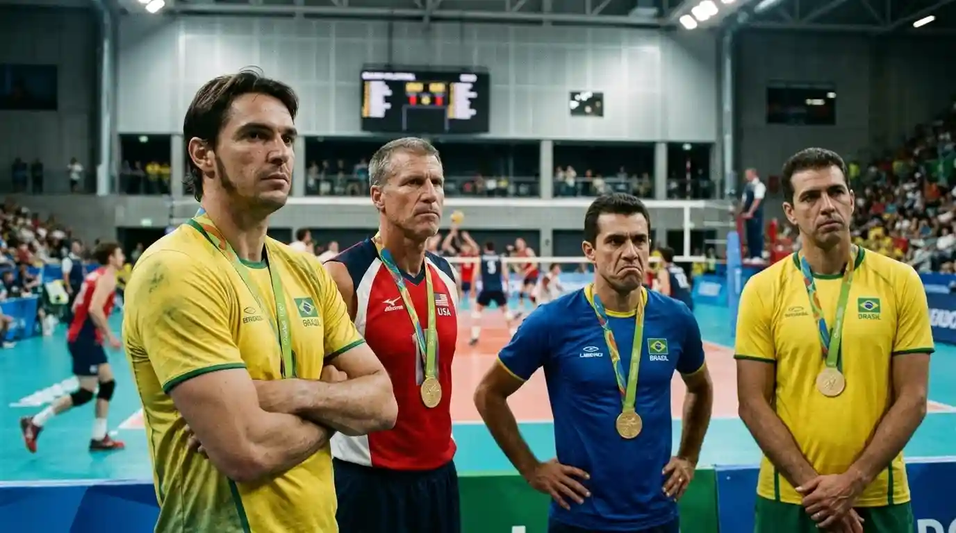 JOGADORES CAMPE&Otilde;ES DE V&ocirc;LEI: GIBA, karch kiraly, S&eacute;rginho Escadinha e Maur&iacute;cio Lima com medalhas de ouro nos peitos olhando decepcionados para os atletas atuais jogando.