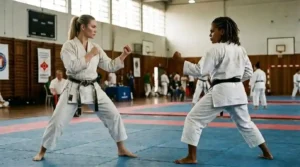 imagem de duas karatecas lutando, vestidas de quimono e faixa preta. Uma loira e outra negra. Elas estão em um ginásio.