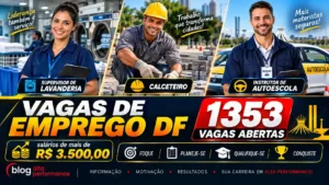 arte, no formato de 16:9 de 1 supervisor de lavanderia, 1 calceterio, 1 instrutor de auto escola. TODOS MUITO lindos. Com os dizeres VAGAS DE EMPREGO DF - 1353 VAGAS ABERTAS sal&aacute;rios de mais de R$ 3.500,00. FOQUE - PLANEJE-SE - QUALIFIQUE-SE- CONQUISTE. BLOG ALTA PERFORMANCE (a a logomarca do blog).