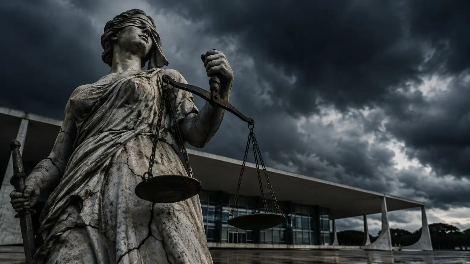 imagem da estátua da justiça e atrás o STF, no céu nuvas densas de tempestade.