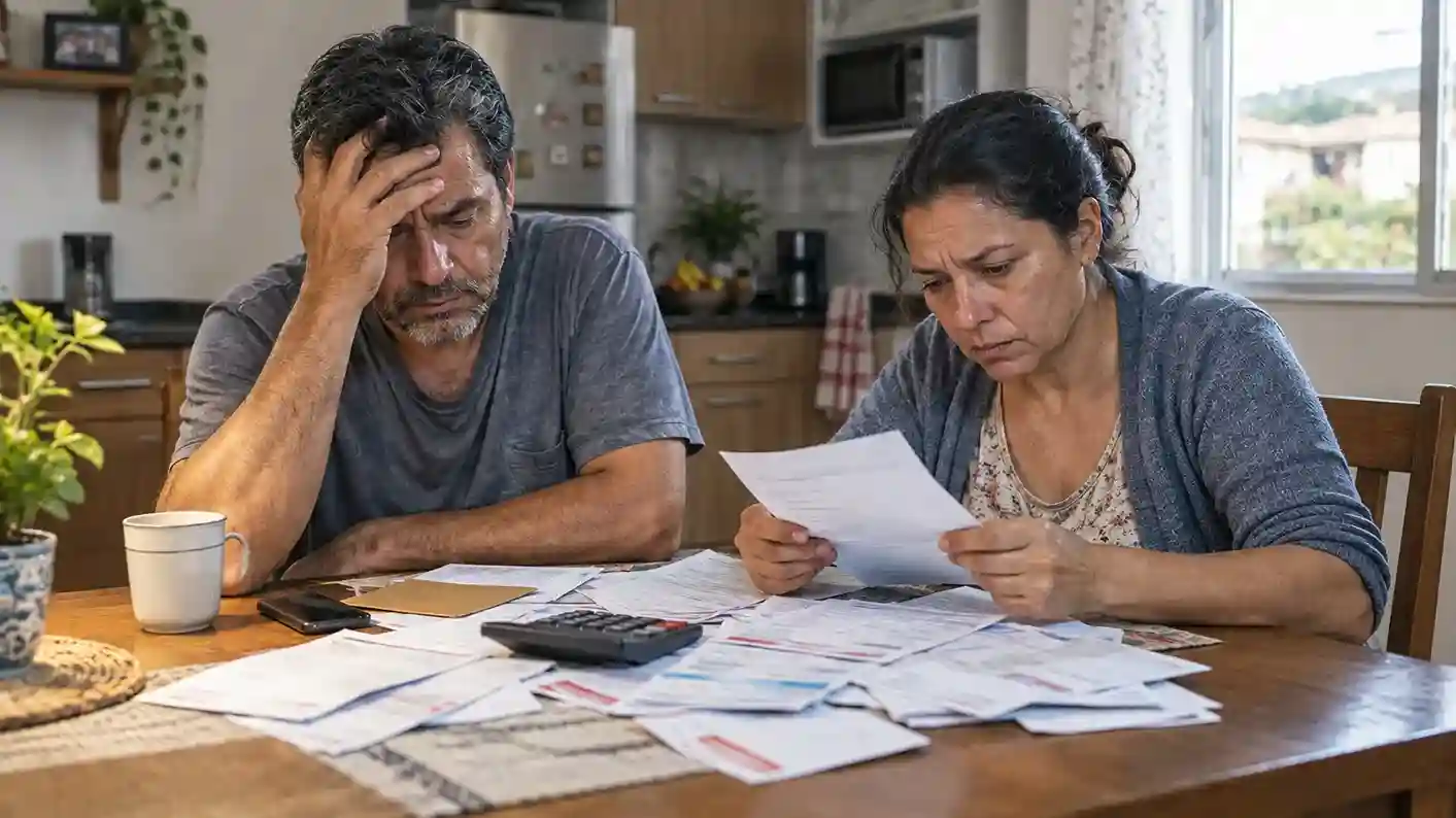 imagem de um casal sentado à mesa olhando as várias contas. A mulher com uma conta na mão, e o homem com os olhos fechados, rosto tenso e mão na cabeça. Em cima da mesa várias contas. Ao fundo, a imagem da cozinha e a luz entrando pela janela.