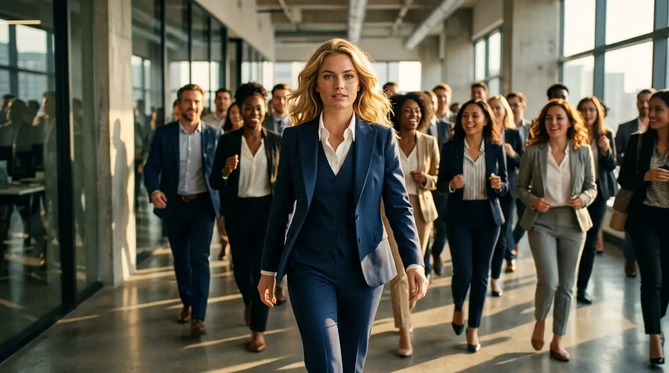 imagem de uma bonita mulher loira executiva vestindo terno azul marinho e bulsa branca seguida por v&aacute;rios jovens executivos. Eles est&aacute;o andando em um amplo corredor atr&aacute;s dela animados e sorridentes. Ao lado uma pared&atilde;o de janelas e a luz do dia entrando.